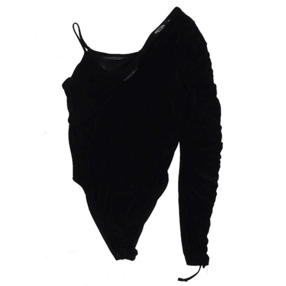 Nasty Gal Black One Shoulder Ruched Sleeve Bodysuit - Picture 2 of 3